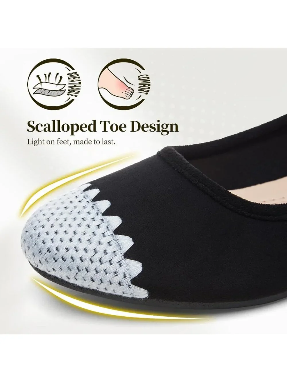 Women's Black Scalloped PU Leather Comfortable Ballet Flats Slip on Casual Shoes